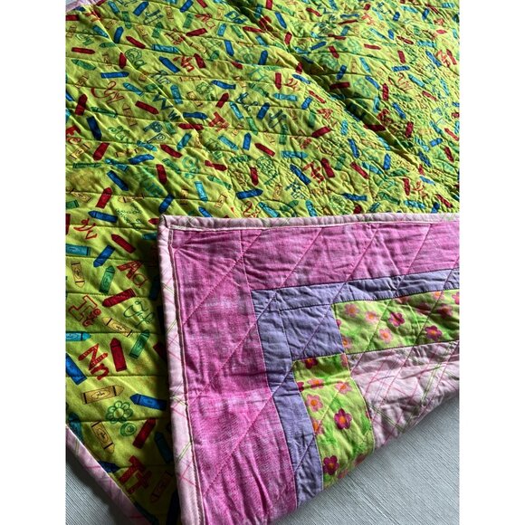 Handmade Baby Quilt With Teddy Bear & Alphabet Print 35x27 Inches - Picture 6 of 7